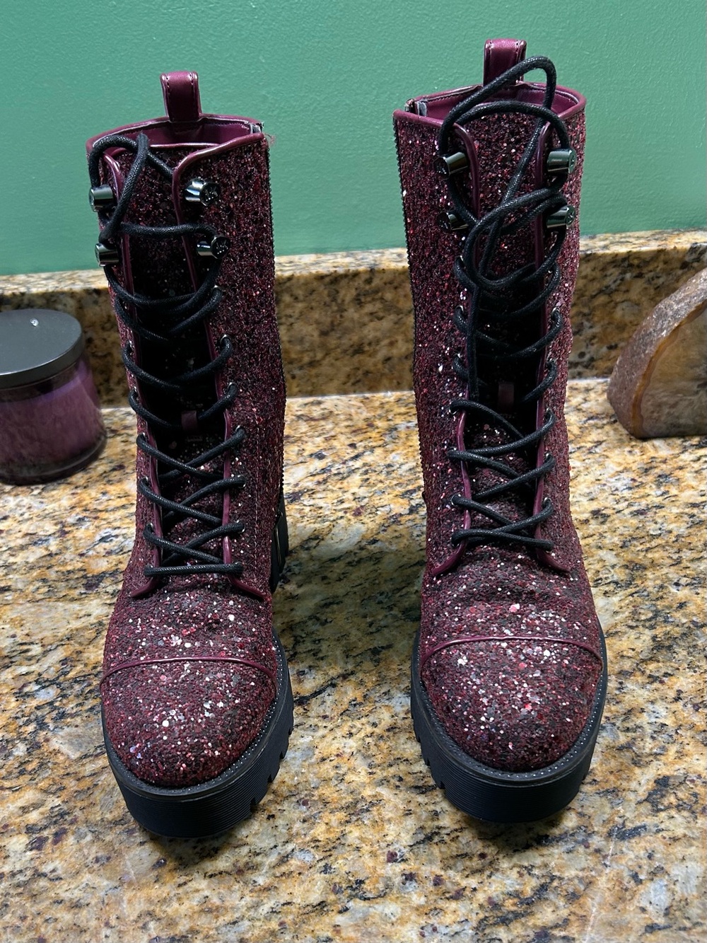 Michael Kors Burgundy Glitter Lace-Up Combat Boots